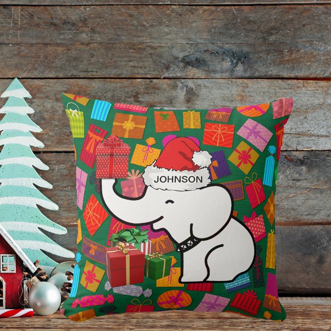 Coussin Eléphant Blanc Votre Nom Noël Présente Vert (White Elephant Your Name Christmas Presents Green Throw Pillow)
