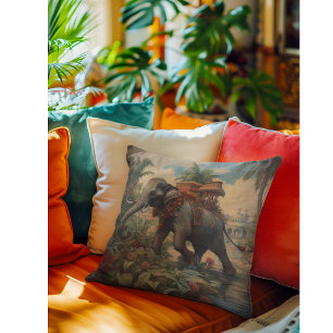 Coussin éléphant botanique vintage avec howdah