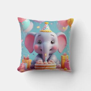 Coussin Éléphant de dessin animé adorable célébrant un ann