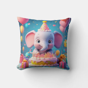 Coussin Éléphant de dessin animé adorable célébrant un ann