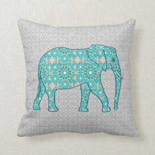 Coussin Éléphant de fleur de mandala - turquoise, gris e