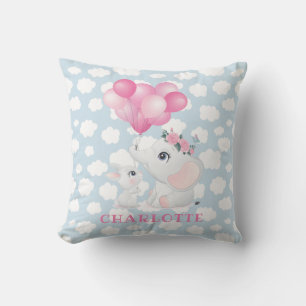 Coussin Éléphant et Lapin Féminins avec Fleurs et Ballon