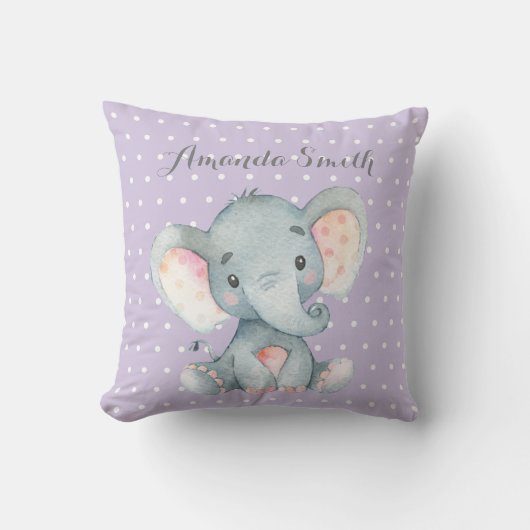 Coussin Éléphant fille bébé violet et gris (Recto)