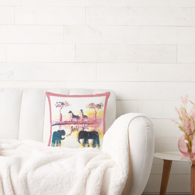 Coussin Elephant, Giraffe Safari Sunset Art (Canapé)