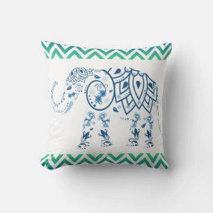 Coussin Éléphant indien bleu motif chevron vert et bleu