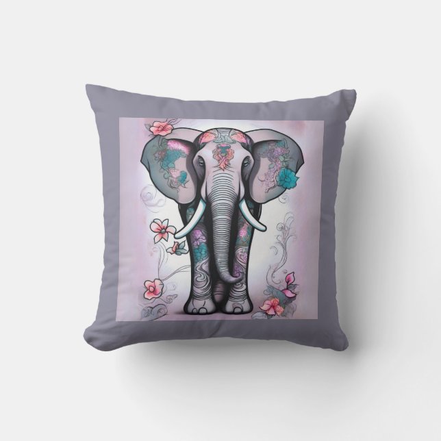 Coussin Éléphant indien gris orné de fleurs (Recto)