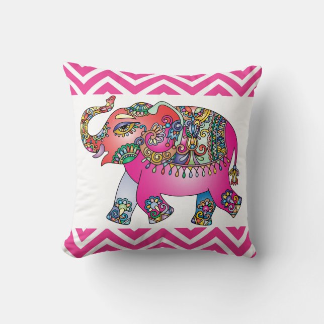 Coussin Eléphant indien rose et vert (Recto)