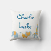 Coussin Éléphant, lion et girafe bleus et oranges (Verso)