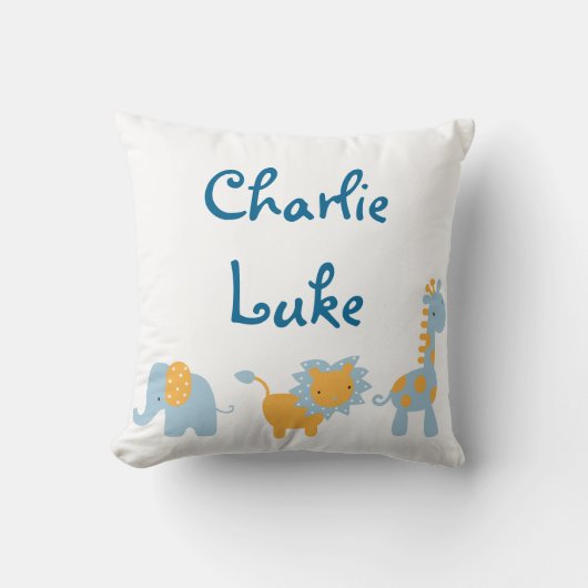 Coussin Éléphant, lion et girafe bleus et oranges (Recto)