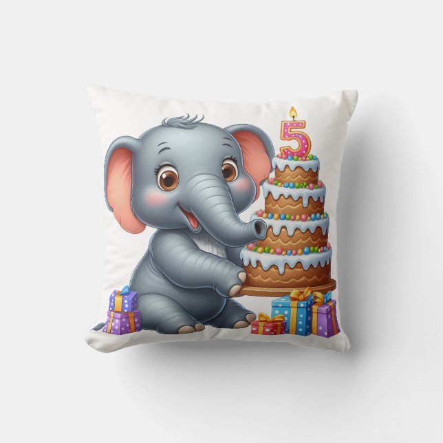Coussin Éléphant Mignon 5ème Anniversaire (Recto)