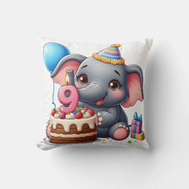 Coussin Éléphant Mignon 9ème Anniversaire (Recto)