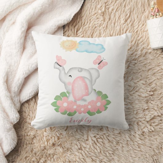 Coussin Eléphant mignon bébé avec fleurs roses (Couverture)