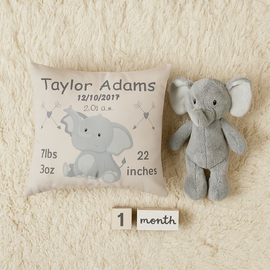 Coussin Elephant Nursery Room Décor Baby Birth Stats