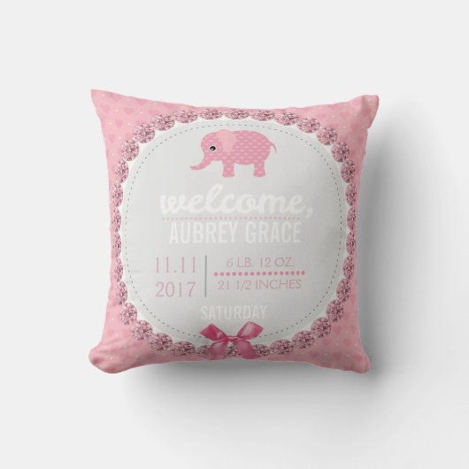 Coussin Éléphant rose de crèche du disque | de naissance (Recto)