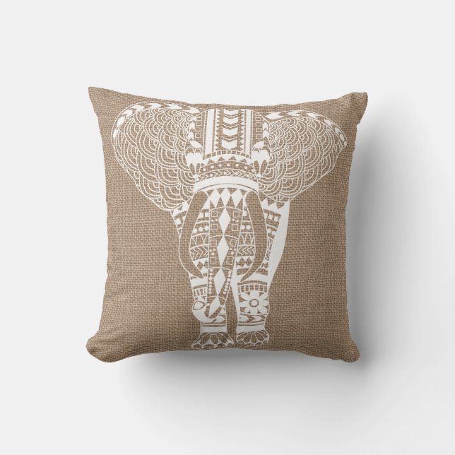 Coussin Eléphant tribal blanc FAUX Burlap (Recto)