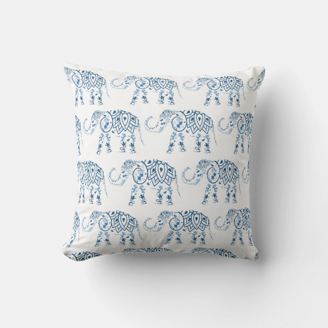 Coussin Éléphant Tribal Bleu Mandala sur Fond Blanc (Recto)