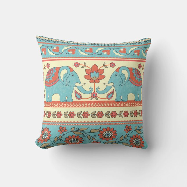 Coussin Eléphants, fleurs, motif ethnique rayé (Recto)