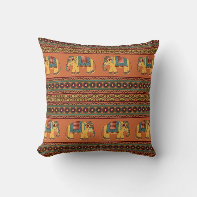 Coussin Eléphants Indiens, Orange Traditionnel Sans Seamle (Recto)
