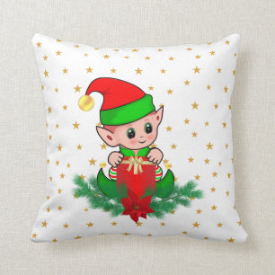 Coussin elfe de Noël, pin, poinsettia & stars