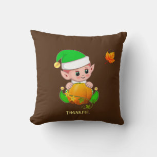 Coussin Elfe mignon et citrouille sur fond marron