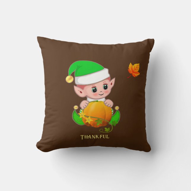 Coussin Elfe mignon et citrouille sur fond marron (Recto)