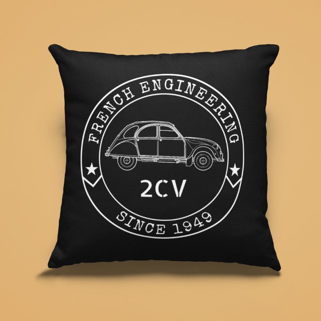 Coussin Emblème de l'Ingénierie (2CV Pillow in Black with a White Badge Text Design and and Illustration of the Deux Chevaux )
