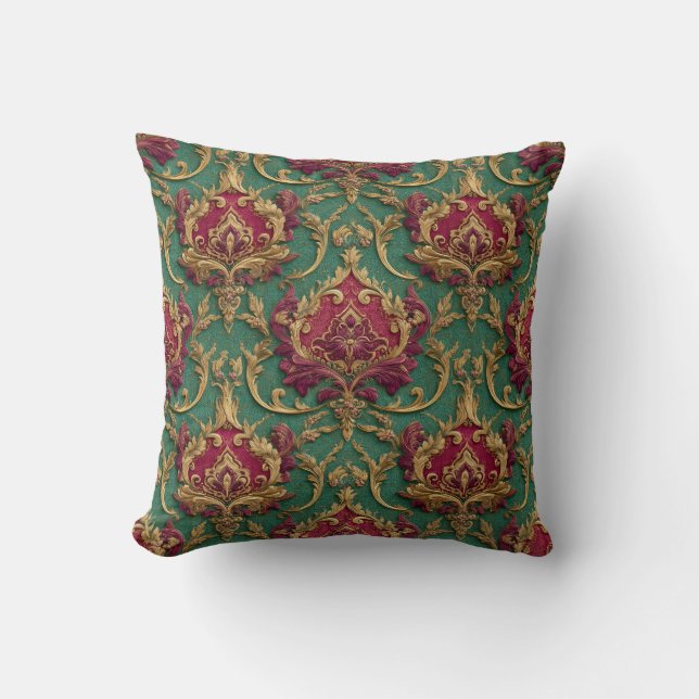 Coussin Emerald Burgundy Baroque Damask (Recto)