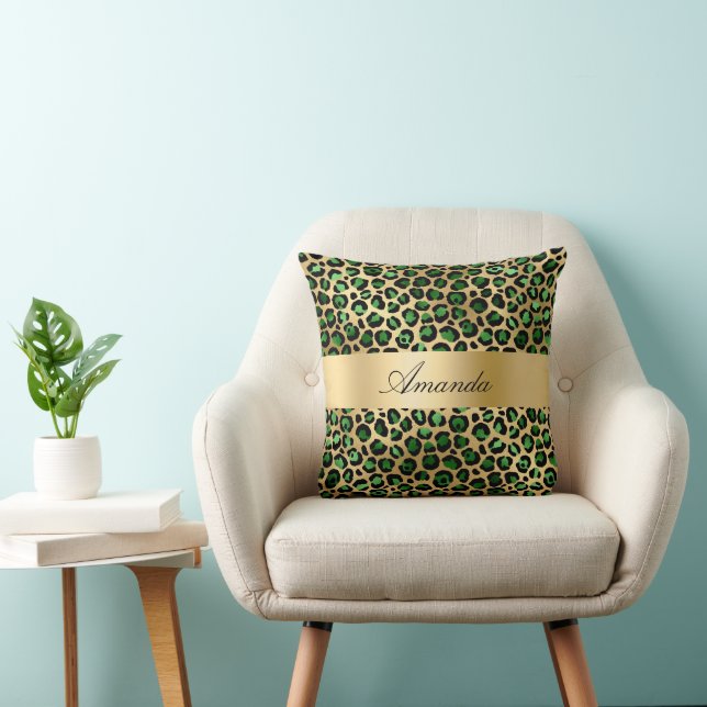 Coussin Émeraude vert léopard nom élégant script (Chaise)