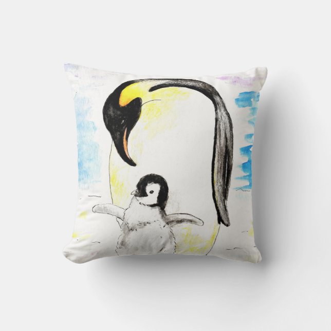 Coussin Emperor Penguin and Chick Watercolor Painting (Recto)