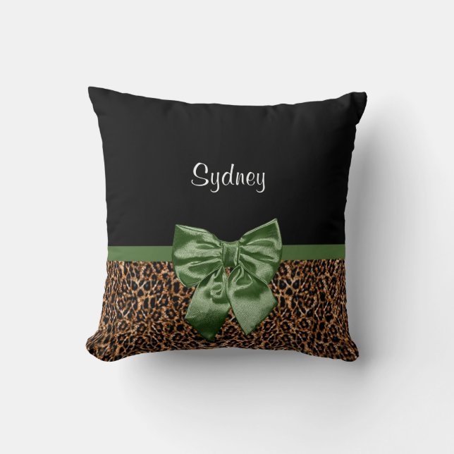Coussin Empreinte de léopard élégant Elegant Green Bow et  (Recto)