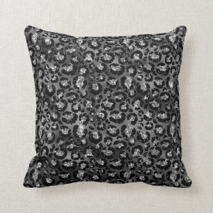 Coussin Empreinte de léopard gris noir et argent