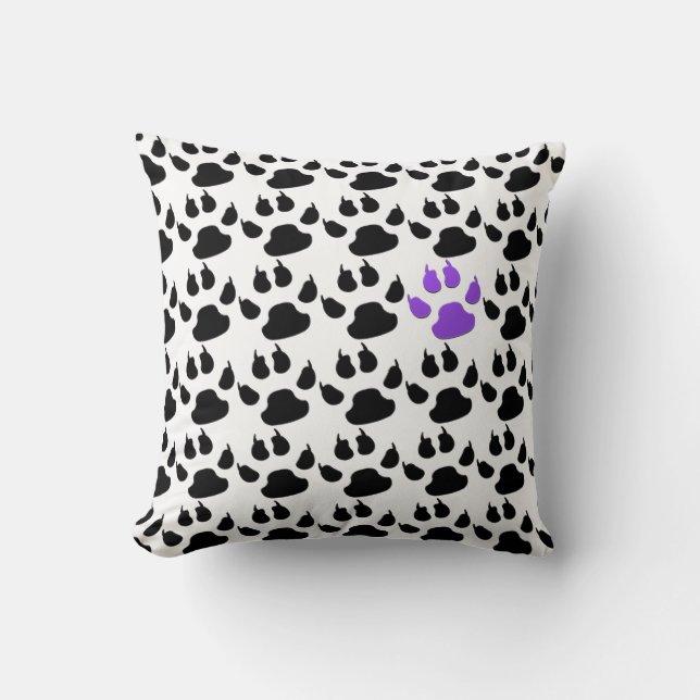 Coussin Empreinte de patte noir, blanc et violet (Recto)