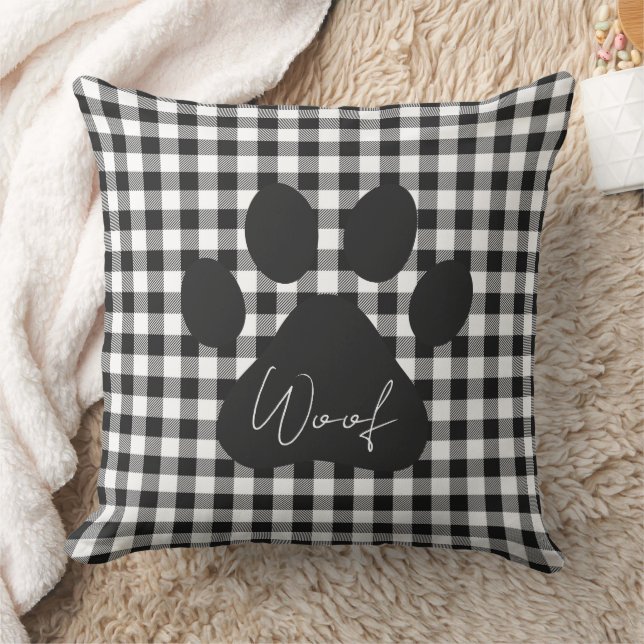 Coussin Empreinte de patte WOOF Buffalo Plaid Black White  (Couverture)