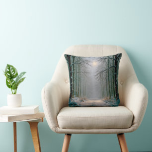 Coussin Empreintes Dans une Forêt enneigée au Clair de Lun