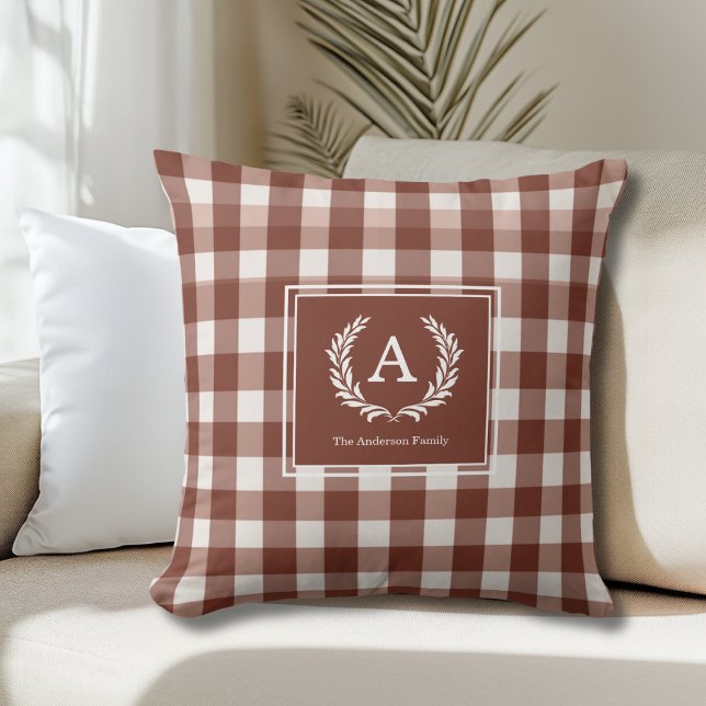 Coussin En vichy Brown Monogramme Crest (Brown Gingham Monogram Crest Throw Pillow)