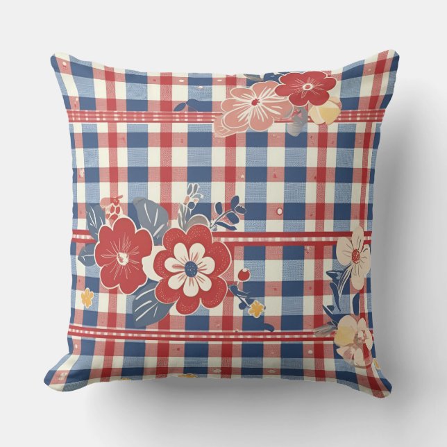 Coussin En vichy patriotique aux accents floraux | Rouge b (Recto)