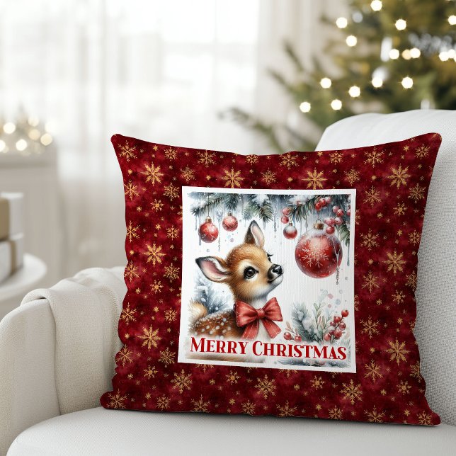 Coussin Enchanting baby fawn snowy forest scene Christmas  (Enchanting baby fawn snowy forest scene Christmas pillow)
