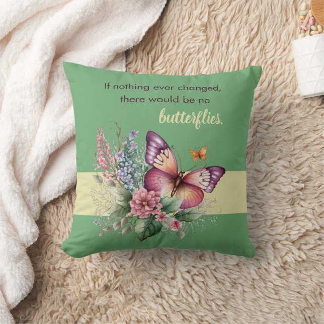 Coussin Encouragement Papillon et Fleurs sur Vert (Couverture)