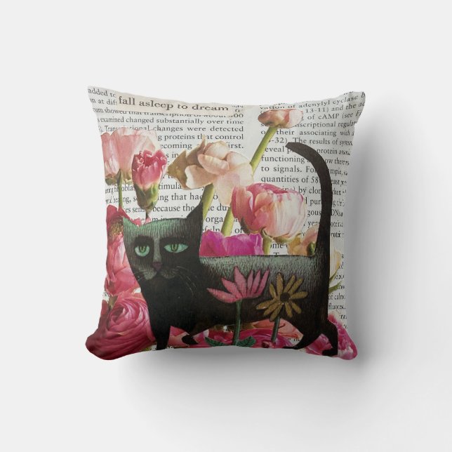 Coussin Endormez-vous pour rêver Chat noir Fleurs roses ch (Recto)