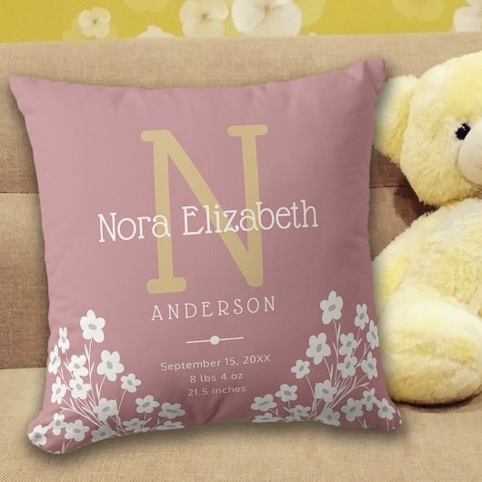 Coussin Enfant Fille de naissance Statistiques Fleurs Mono
