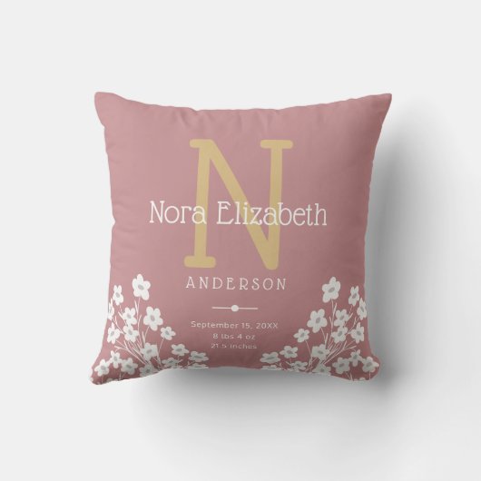 Coussin Enfant Fille de naissance Statistiques Fleurs Mono (Verso)