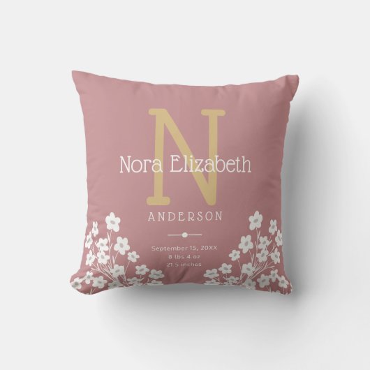 Coussin Enfant Fille de naissance Statistiques Fleurs Mono (Recto)