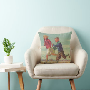 Coussin Enfants vintage courant à l'école portant des livr