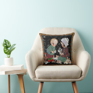 Coussin Enfants vintages ayant une tasse de thé