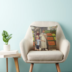 Coussin Entreprise vintage, stand de fruits avec Grocer et