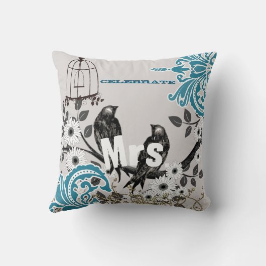 Coussin Épouse Turquoise Damask Inséparable Birdcage (Verso)