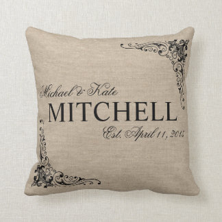 Coussin Épouser rustique de noms de toile de jute de toile