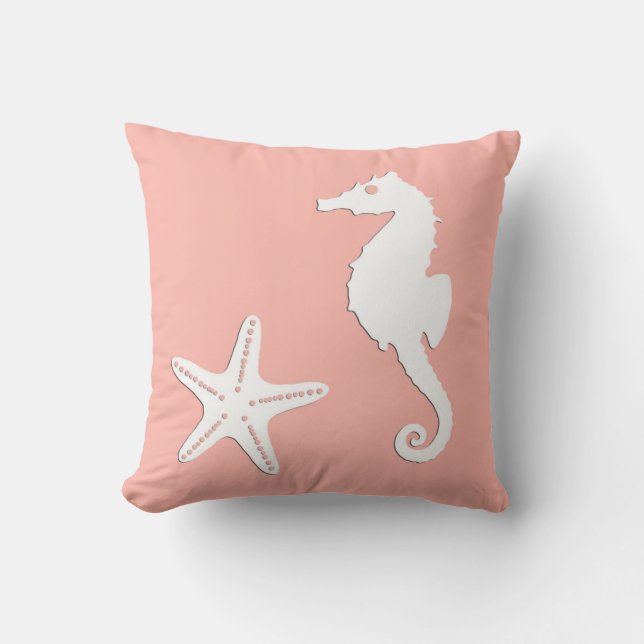 Coussin Équestre et étoile de mer - blanc sur corail rose (Recto)