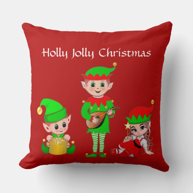 Coussin Équipe de lutins de Noël moderne sur fond rouge (Recto)
