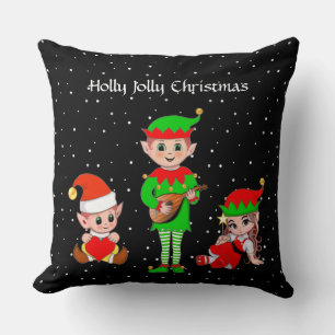 Coussin Équipe de lutins de Noël modernes sur fond noir
